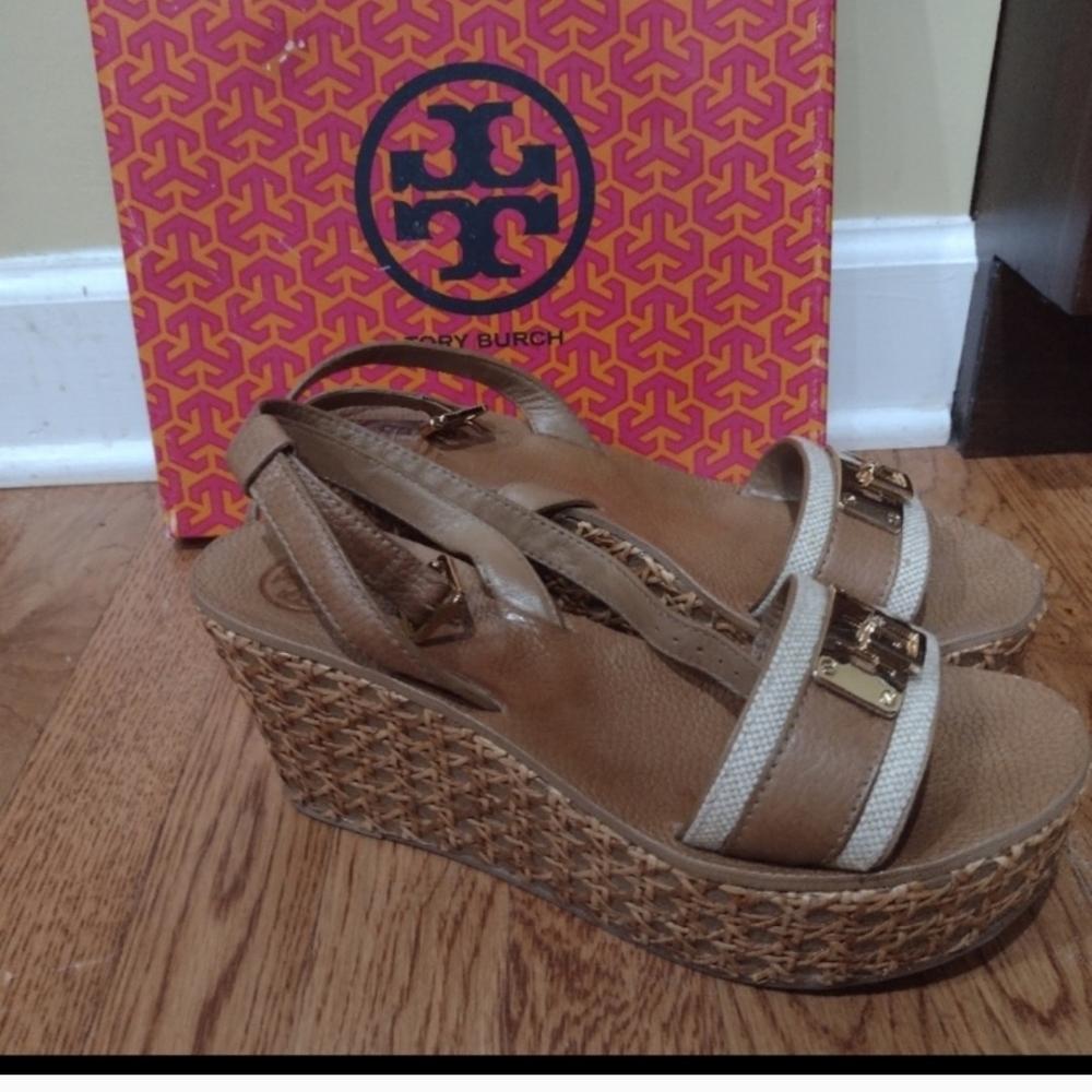 Tory Burch Tan and Cream Wedge Sandals